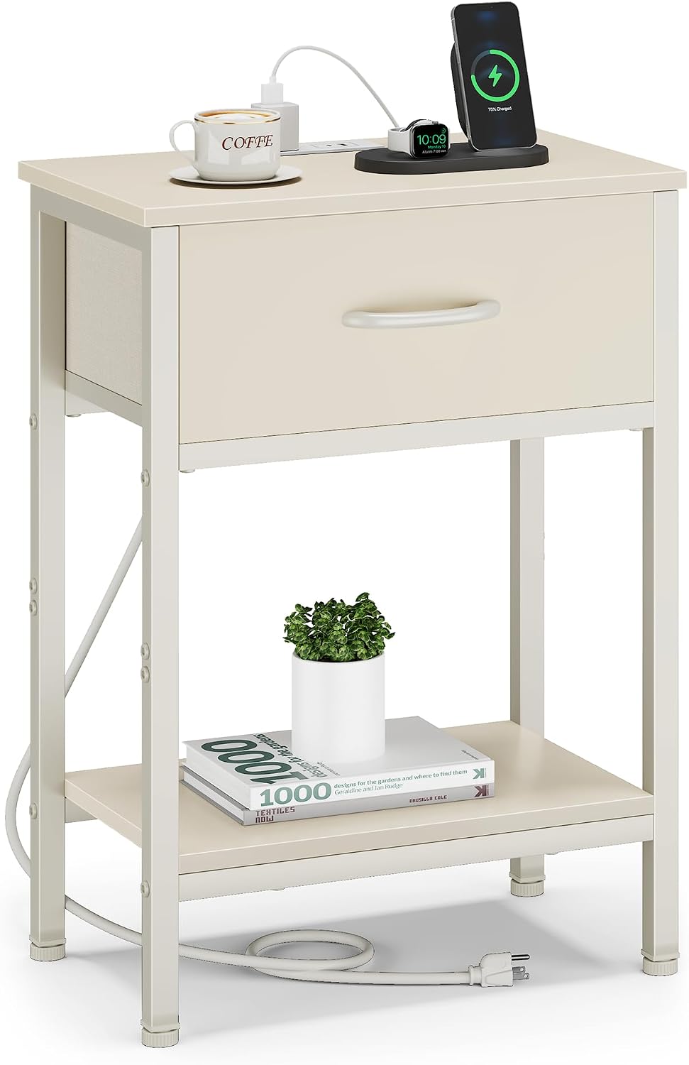 Vagusicc Nightstand with Charging Station, End Table with Fabric Drawer, Smal...