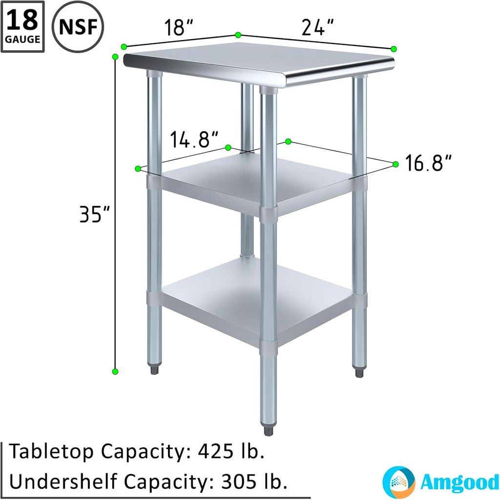 AmGood Stainless Steel Work Table with 2 Shelves | NSF | Metal Utility Table (18" Long x 24" Deep)