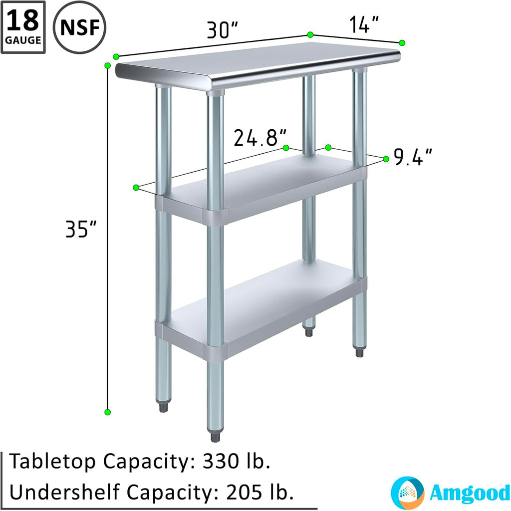AmGood Stainless Steel Work Table with 2 Shelves | NSF | Metal Utility Table (30" Long x 14" Deep)