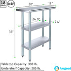 AmGood Stainless Steel Work Table with 2 Shelves | NSF | Metal Utility Table (30" Long x 14" Deep)