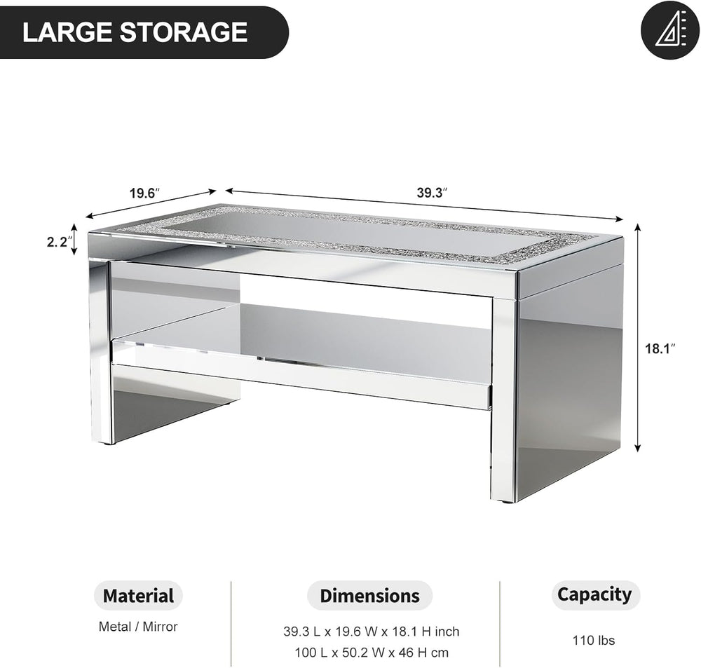 IKIFLY Mirrored Coffee Table with Mirror Crystal Board, Glass Rectangle End T...