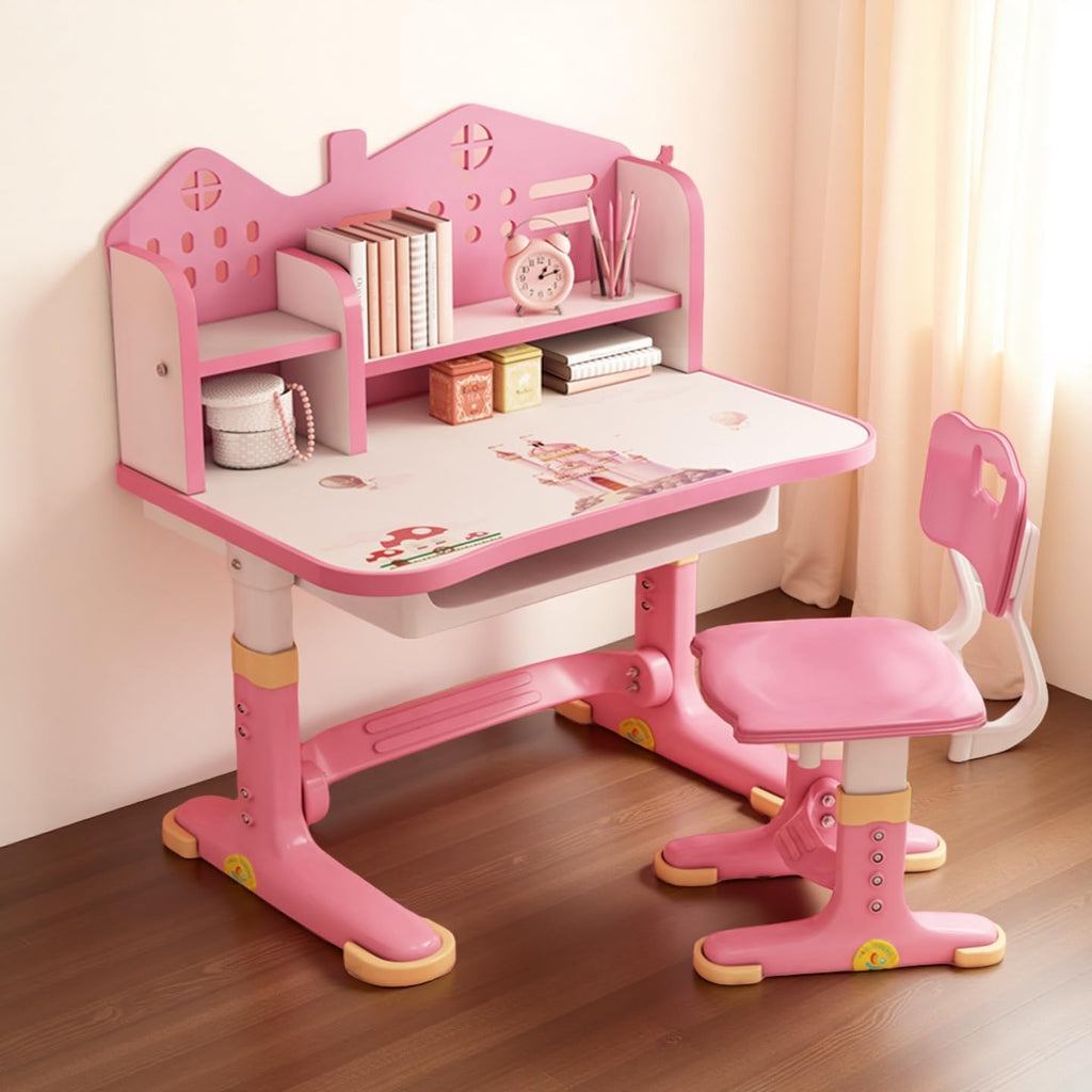 Kids Desk and Chair Set, Kids Functional Desk and Chair Set for Kids 6-12, Height Adjustable Children Study Desk, Upgraded Writing Study Table, Suitable Gift for Girls Boys (Pink)