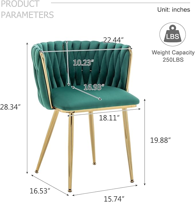 Velvet Dining Chairs Set of 2, Modern Upholstered Dining Chairs with Gold Metal Legs for Dining Room, Vanity, Kitchen, Living Room(Green)