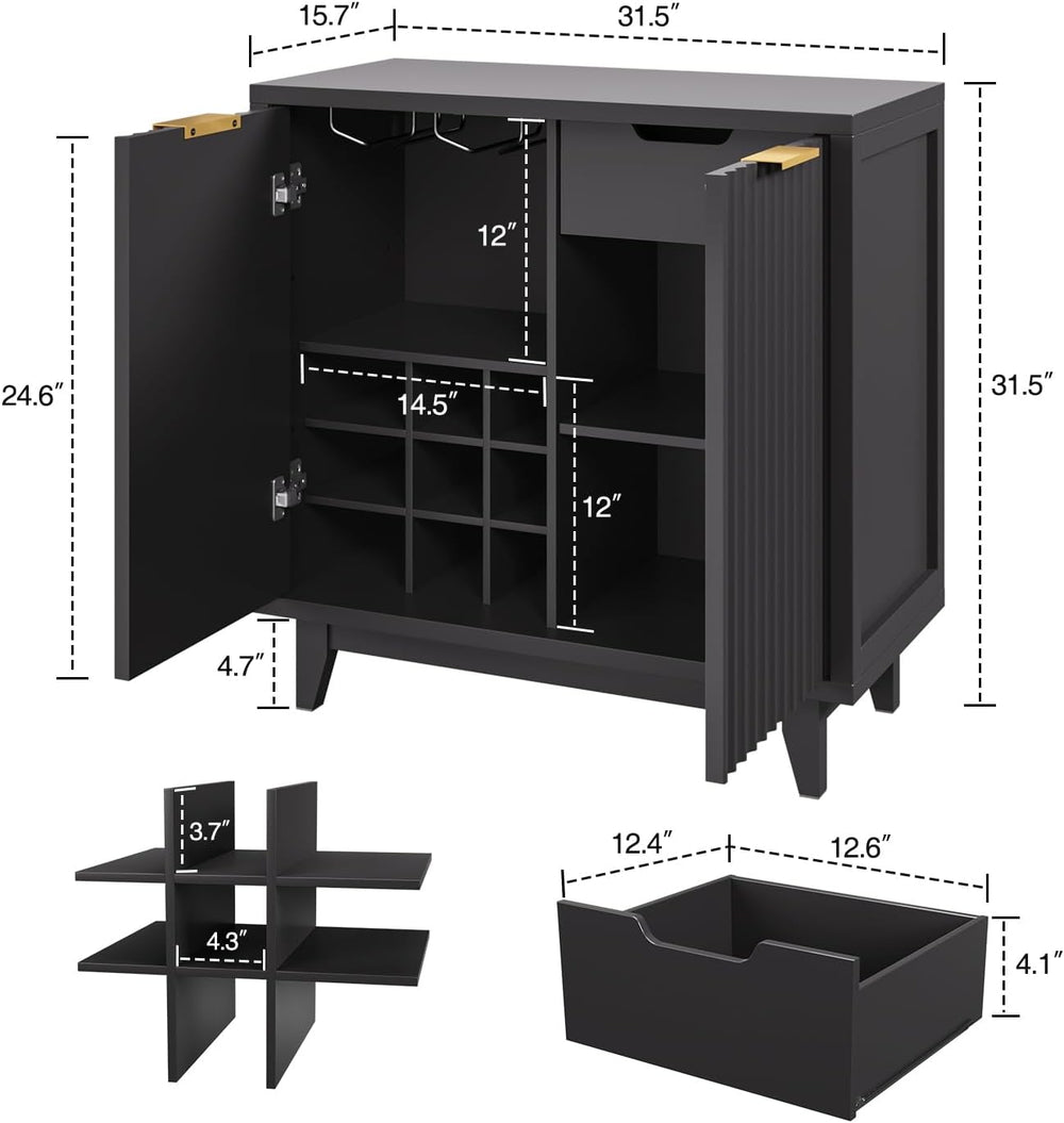 Vabches Modern Fluted Coffee Bar Cabinet with Removable Wine Rack, Black