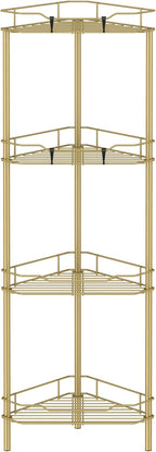 4 Tier Floor Standing Corner Shower Caddy Organizer Shelf with Hooks, Bathroom Shelves Stand Rack, Gold