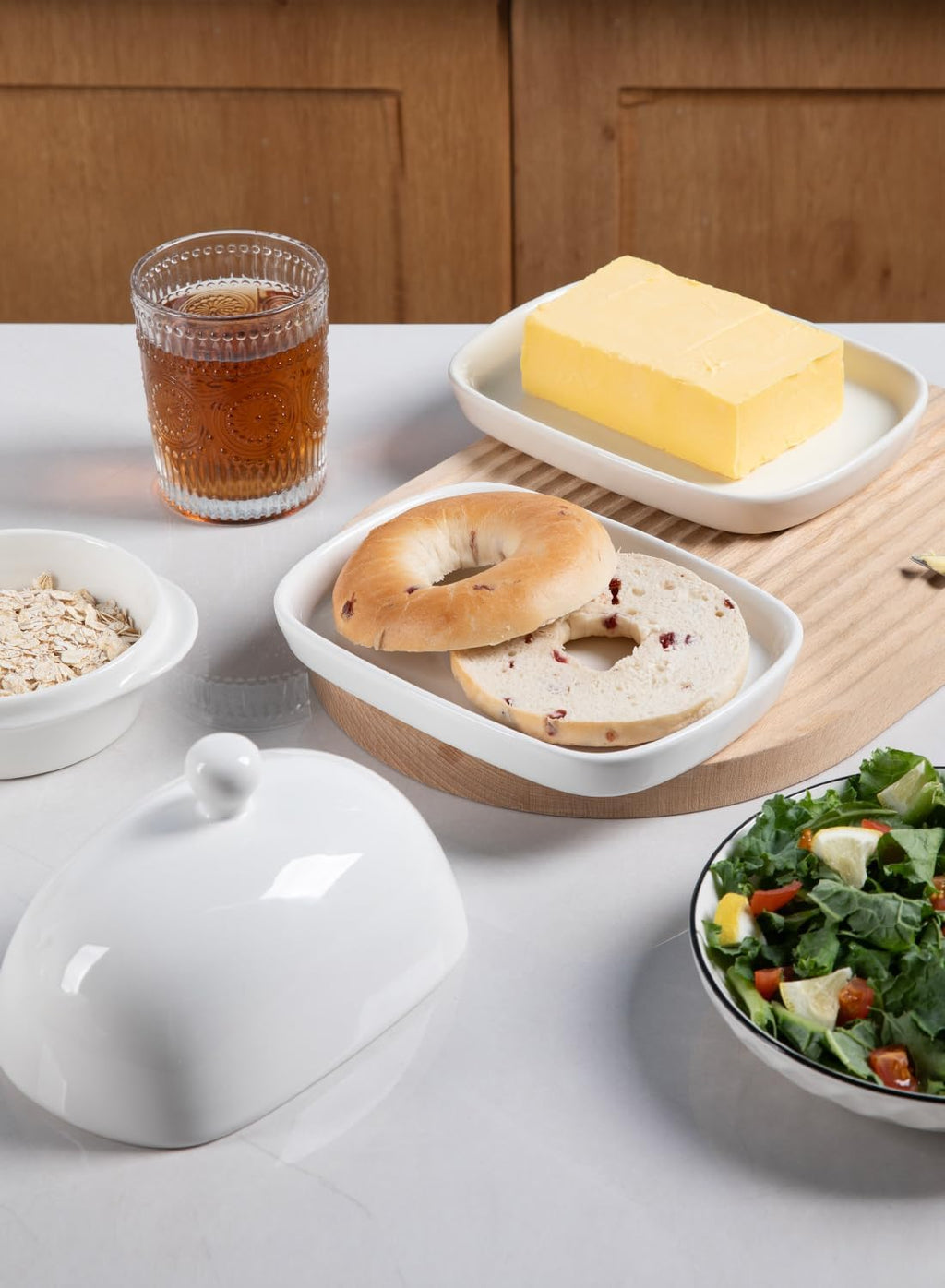 Sweejar Ceramic Butter Dish with Lid for Countertop,Porcelain Butter Keeper with Knob Handle,Butter Container for East/West Coast Butter, 7.3*4.1 inches (White)