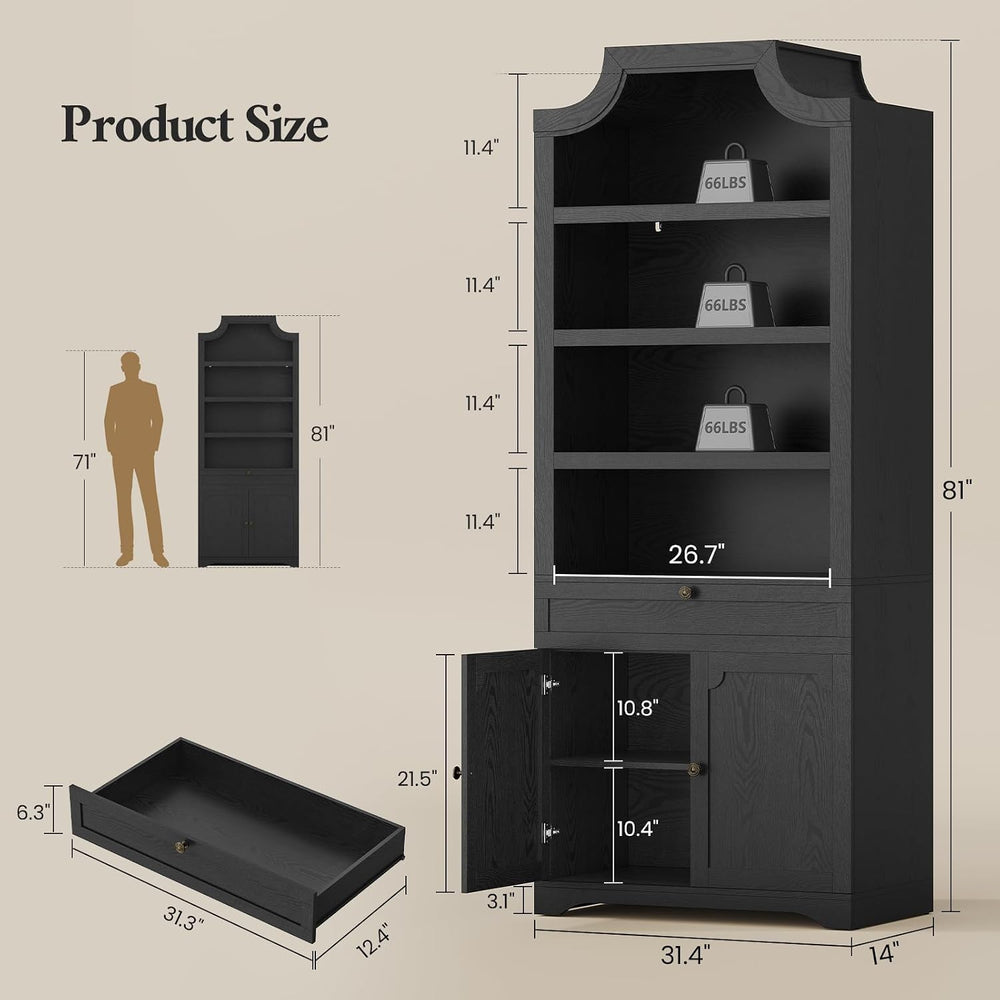 81"x31.4" Tall Arched Bookcase with Large Drawer & Doors