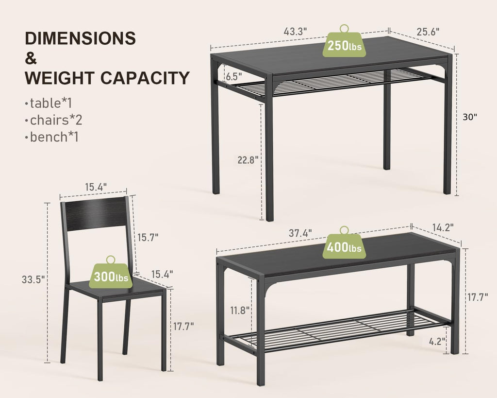 Gizoon Kitchen Table and 2 Chairs for 4 with Bench, 4 Piece Dining Table Set for Small Space, Apartment