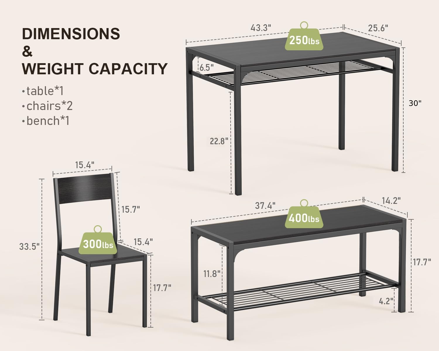 Gizoon Kitchen Table and 2 Chairs for 4 with Bench, 4 Piece Dining Table Set for Small Space, Apartment