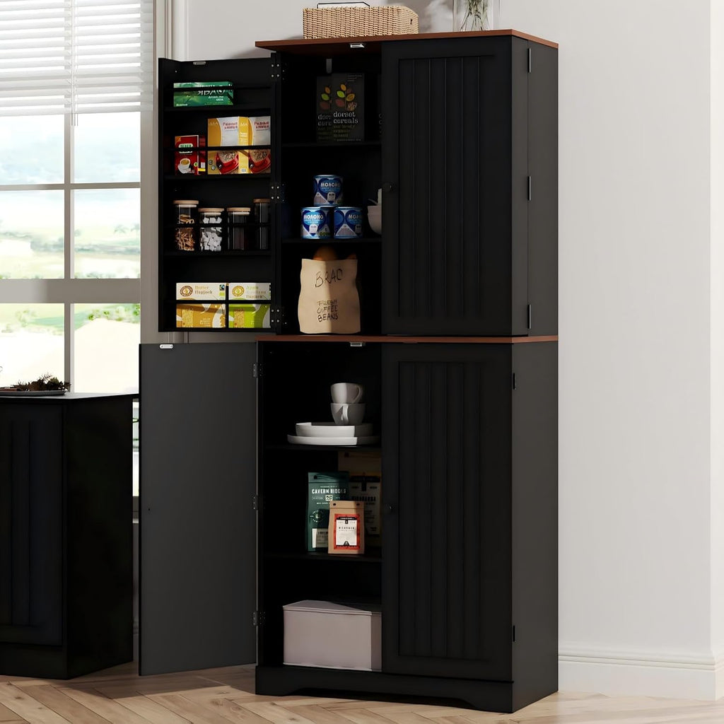 Furnify 72" Tall Kitchen Pantry Cabinet with Door Organizer, Black | Farmhouse Rustic Tall Buffet Cabinet with Adjustable Shelves, Freestanding Storage Cupboard for Kitchen Dining Room Bathroom