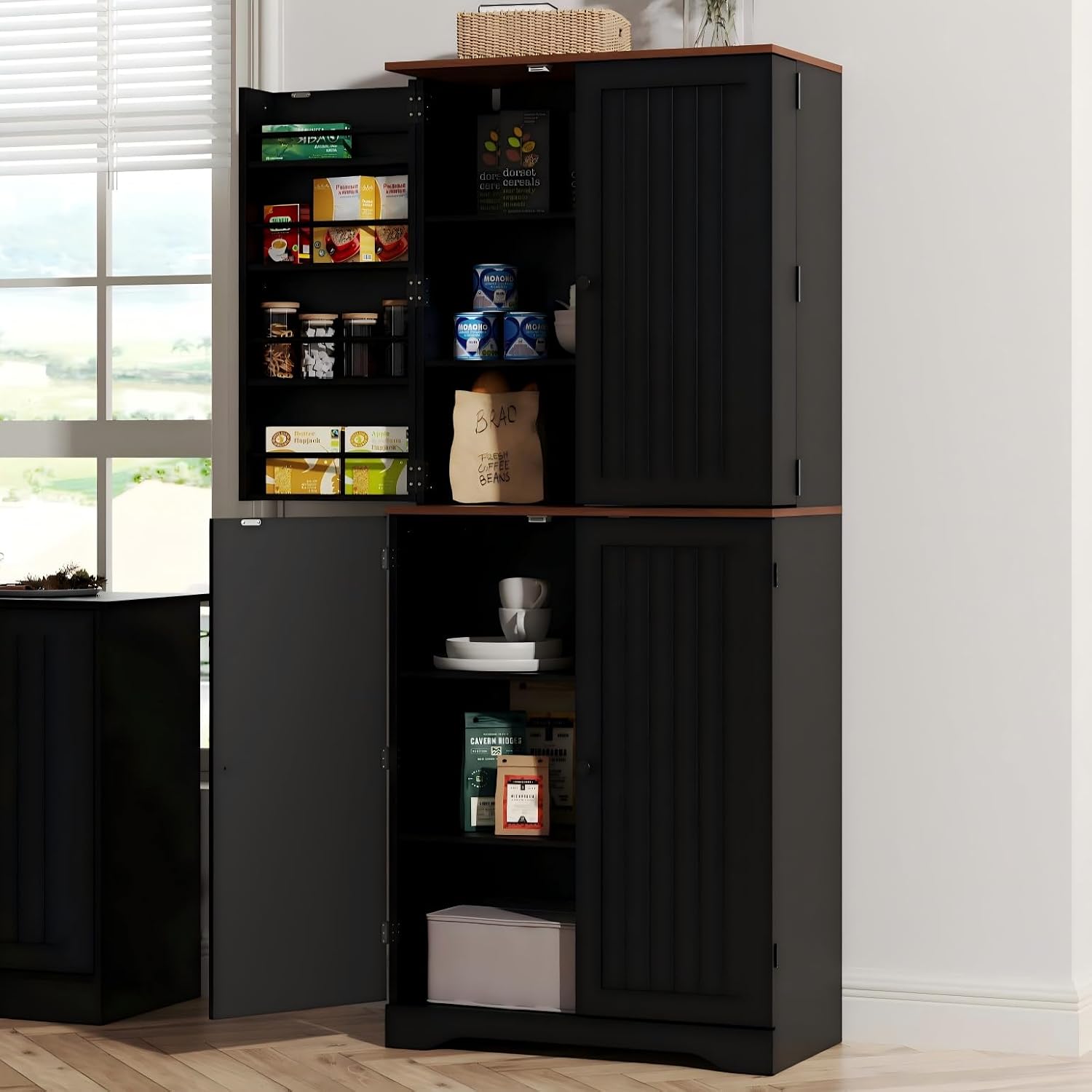 Furnify 72" Tall Kitchen Pantry Cabinet with Door Organizer, Black | Farmhouse Rustic Tall Buffet Cabinet with Adjustable Shelves, Freestanding Storage Cupboard for Kitchen Dining Room Bathroom