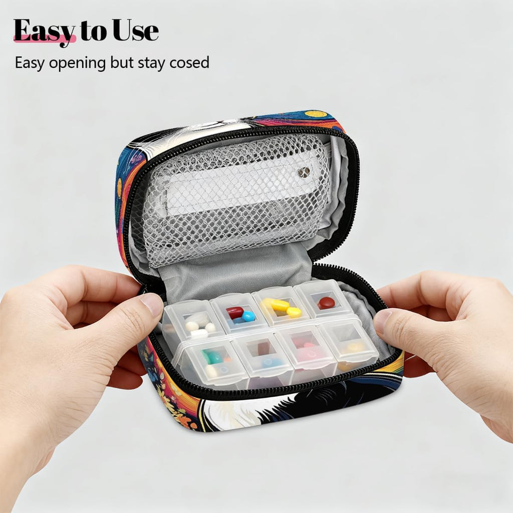 Oli Painting Cat Flowers Pill Organizer Travel Medicine Case with Zipper Daily Vitamin Storage Bag Portable 8 Slot Weekly Pill Box Supplement Holder for Home Office Gym Travel