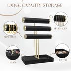 Flexzion 3 Tier Bracelet Holder Display Stand - Black Velvet Bracelet Holder Organizer with Detachable T Bar - Jewelry Display Stand for Bracelets, Bangles, Necklace, Watches, Rings