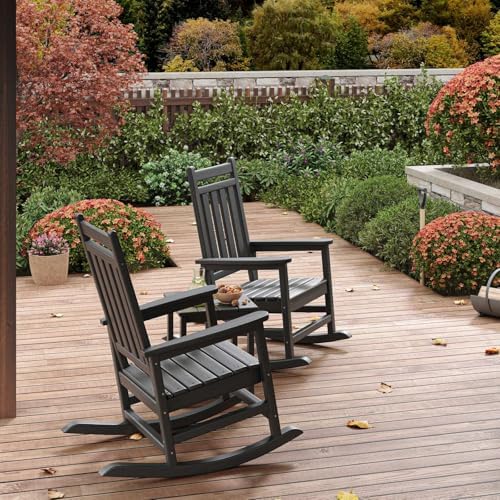 HDPE Rocking Chair Outdoor Set of 2 with Side Table, High Back Rocker | All W...