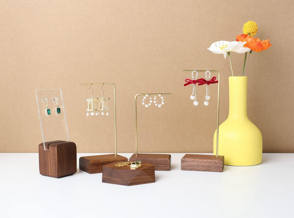 GemeShou 3pcs walnut wooden dangle earring stand holder, hoop earring displays for selling jewelry, mini brass hanger【Walnut Stand set-3pcs】