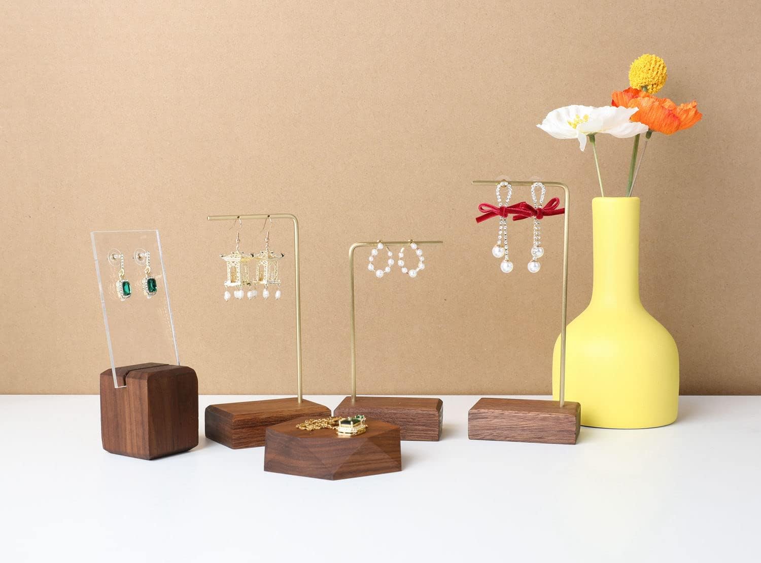 GemeShou 3pcs walnut wooden dangle earring stand holder, hoop earring displays for selling jewelry, mini brass hanger【Walnut Stand set-3pcs】