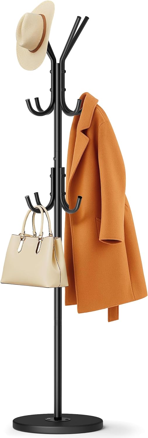 MISSLO Heavy Duty Coat Rack Freestanding with Stable Wood Base Metal Coat Tree with 12 Hooks Coats Hanger Stand Adjustable Clothes Tree for Jackets, Hats, Bags Standing Purse Rack for Bedroom, Office