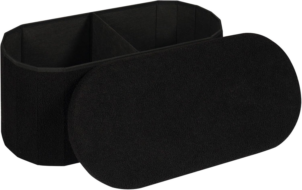 30" Oval Foldable Ottoman with Storage, Teddy Boucle Fabric Footrest, St...