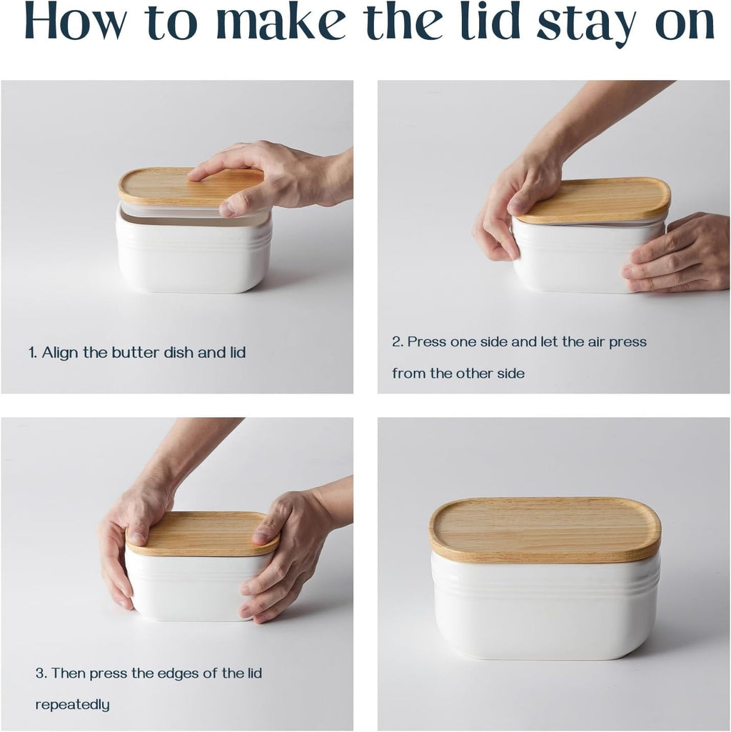 DOWAN Ceramic Butter Dish, Extra Large Butter Keeper for Countertop or Fridge, Airtight Butter Container with Wooden Lid, Farmhouse Kitchen Decor and Accessories, Freezer Safe, Soft White