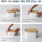 DOWAN Ceramic Butter Dish, Extra Large Butter Keeper for Countertop or Fridge, Airtight Butter Container with Wooden Lid, Farmhouse Kitchen Decor and Accessories, Freezer Safe, Soft White