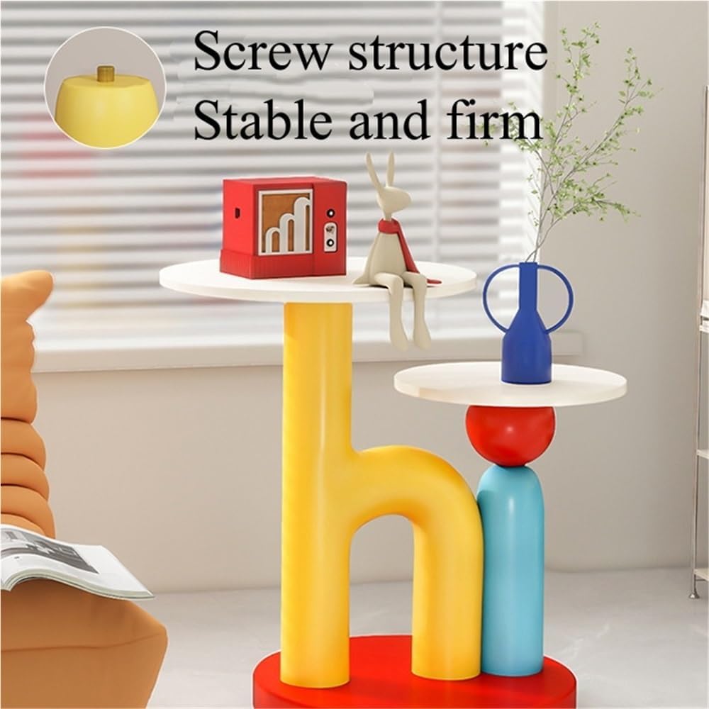 Round End Table with Double-Layer Tabletop, Cute HI-Shape Side Table, Colorfu...
