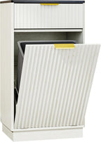 Tilt-Out Trash Cabinet, White Laundry Hamper Cabinet with Black Top, 34.3 x 19 x 13.8 inches, 10 Gallon Capacity, Wave-Textured Front, Storage Drawer.