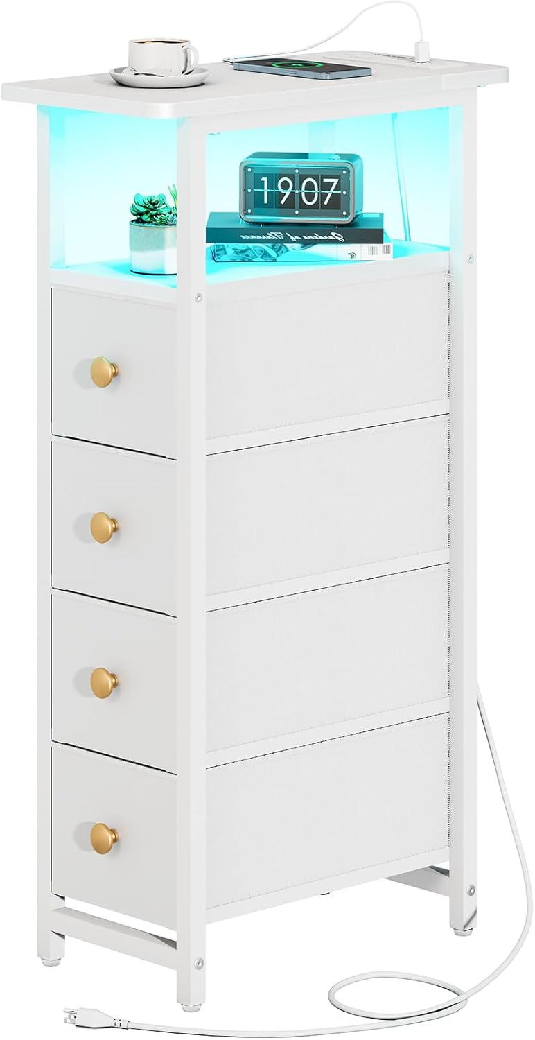 Yoobure LED Narrow Nightstand with Charging Station - Slim Dresser for Bedroo...