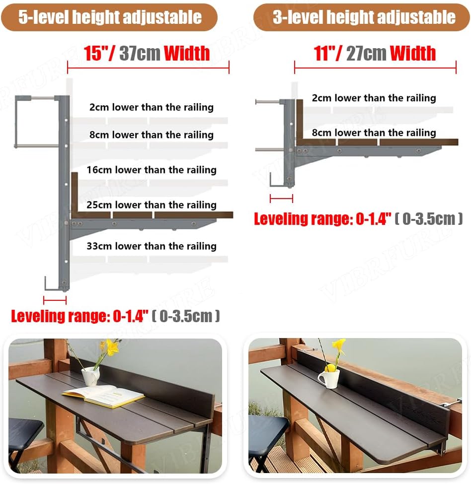 Balcony Railing Table, Folding Deck Table, Adjustable Height Hanging Desk, Ea...