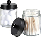 Amolliar 6Pc Apothecary Jars Bathroom Vanity Organizer- Rustic Farmhouse Decor Storage Canister with Stainless Steel Lids- Qtip Dispenser Holder for Q-Tips,Cotton Swabs,Rounds,Ball,Flossers (Black)