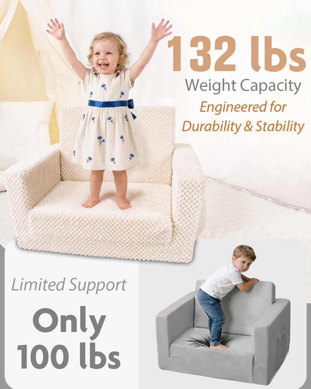 Sherpa Kids Couch, 2-in-1 Fold-Out Comfy Chair for 3+ Years Old, Beige | Potrable Handle & Pocket for Reading, Napping and Playroom