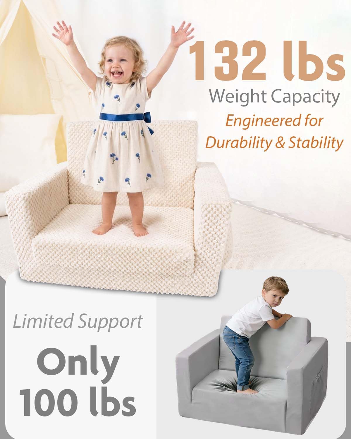 Sherpa Kids Couch, 2-in-1 Fold-Out Comfy Chair for 3+ Years Old, Beige | Potrable Handle & Pocket for Reading, Napping and Playroom