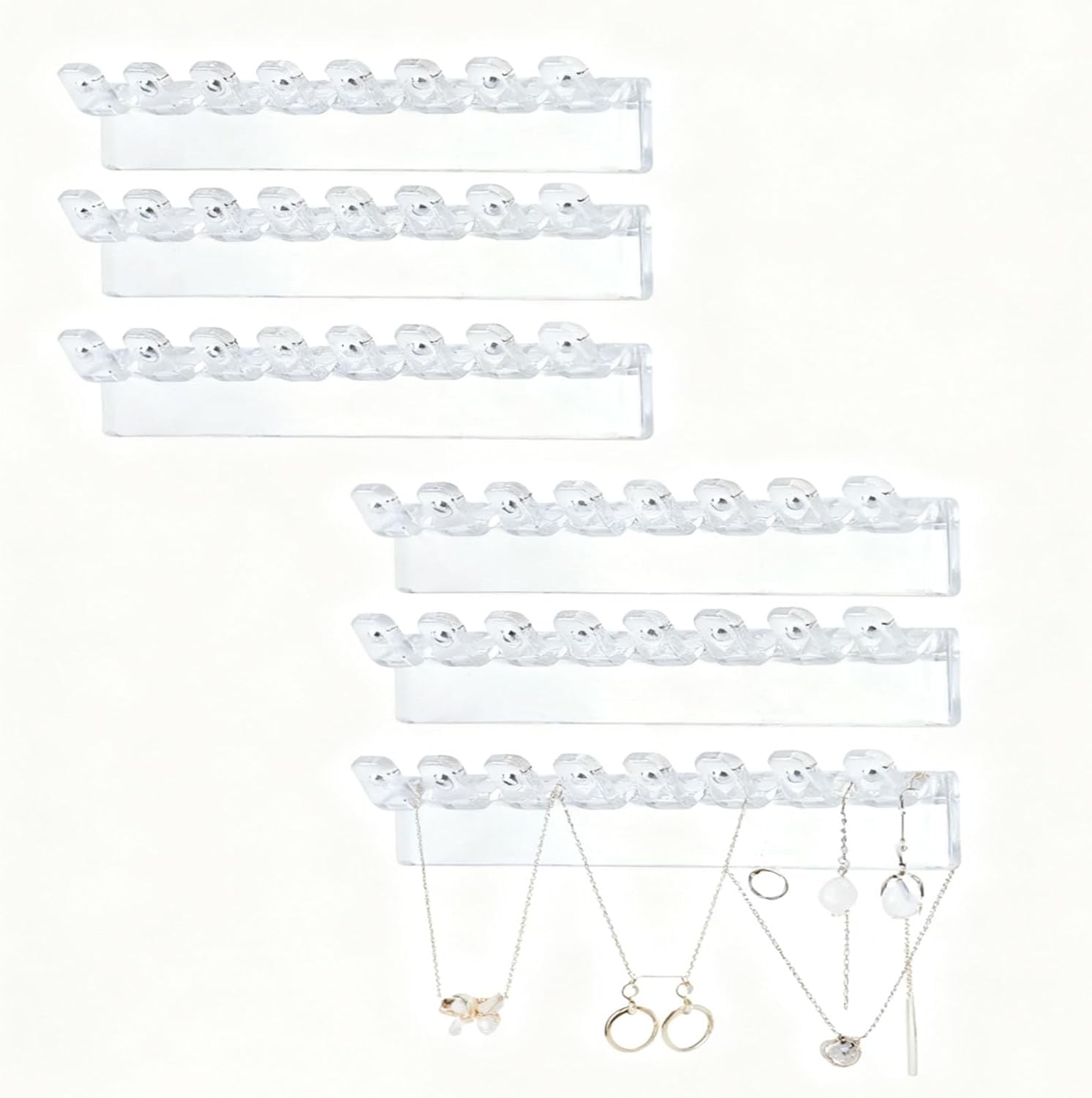 6 Pack Acrylic Necklace Hanger Wall Mounted Necklace Organizer Hanging Jewelry Organizer with 48Hooks for Necklaces, Earrings and Bracelets