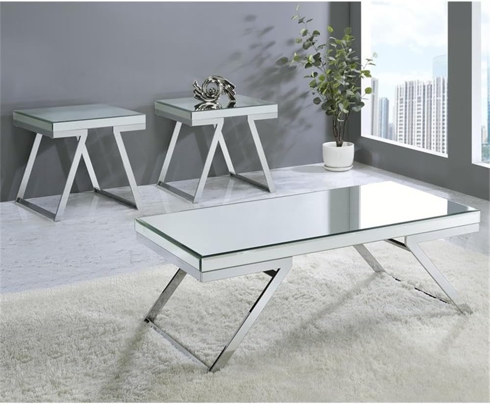 Pemberly Row 3-Piece Coffee Table Set, Mirrored Glass Tops, Chrome Metal Base...