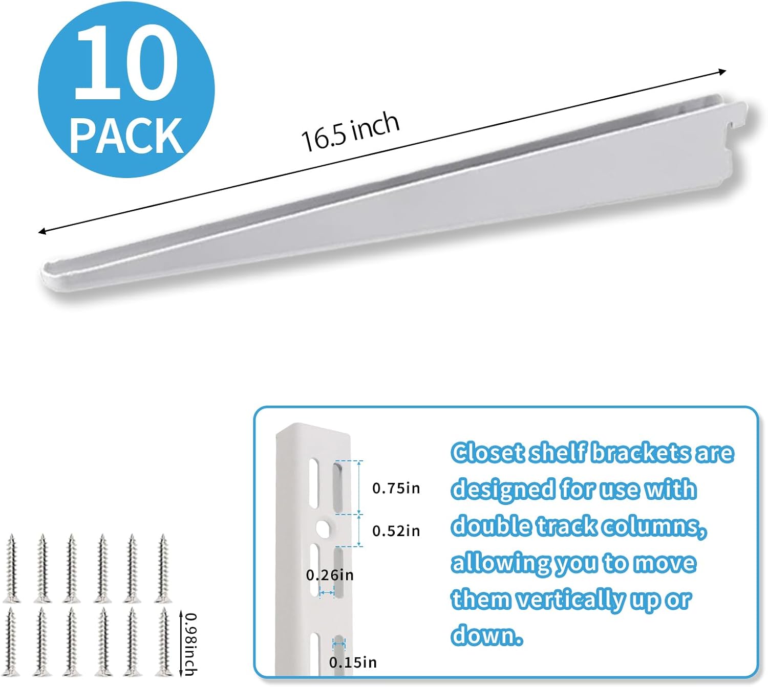 10 Pack 16.5‑Inch Adjustable Wire Shelf Brackets – Heavy‑Duty Double‑Track Closet & Wall Shelving System Supports（White）