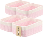 Small Storage Baskets for Organizing | Closet Organizer Bins | Shelf Toy Basket | Woven Rope Baskets | Cube Decorative Box | Shallow Basket | 11.5x7.5x4.7” | 4 Packs White Pink