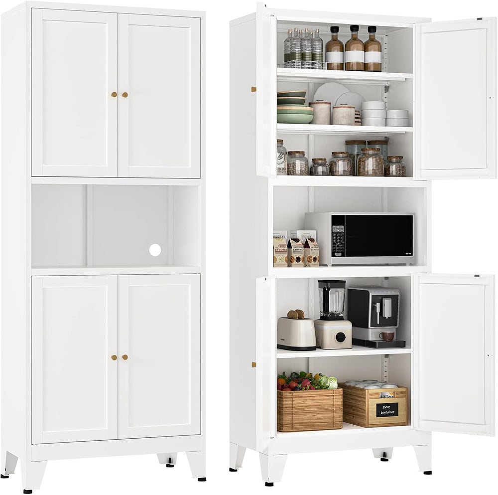 YAUWOH 69" Tall Metal Kitchen Pantry Cabinet with Microwave Shelf, 4 Doo...