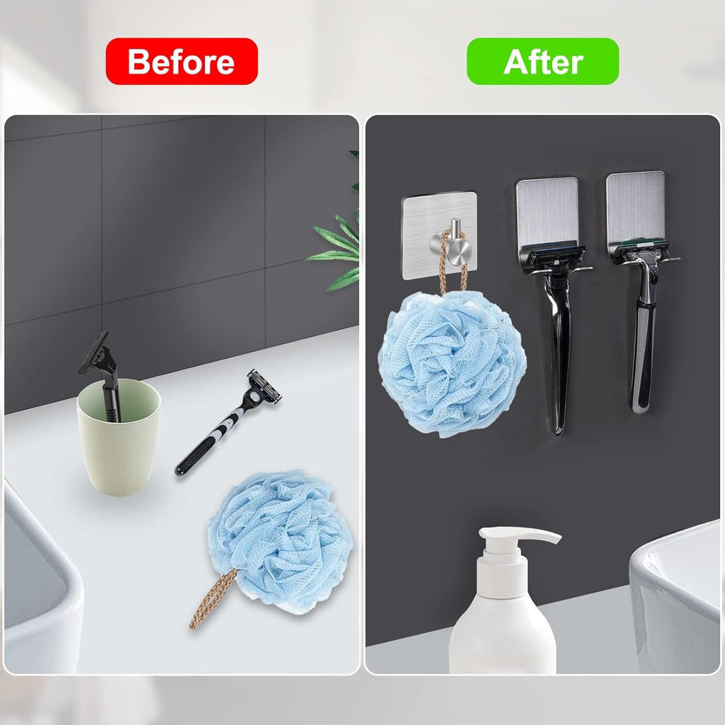 CGBE Razor Holder for Shower - 4 Packs Holder and Hooks, Self Adhesive Shaver Holder Hanger for Bathroom, Damage Free Wall Hooks for Razor Shaver Loofah Sponge