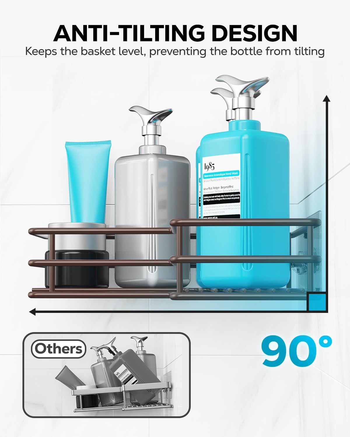 Nieifi Adhesive Corner Shower Caddy Shelf Basket Rack with Hooks, Rust Proof Stainless Steel Bathroom Shelf Shampoo Holder No Drilling (Brown)