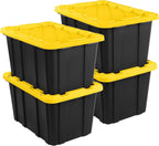 Sterilite Industrial Storage Tote with Lids for Garage, 27 Gallon, 4-Pack | Heavy-Duty and Stackable Utility Box Containers for Home, Office, and Basement Organization, Black/Yellow