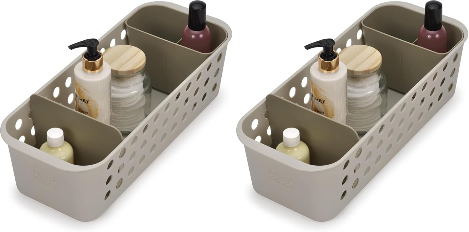 Joseph Joseph EasyStore - Slimline Bathroom essentials Storage Basket Organiser with moveable pot and divider, Ecru (Pack of 2)