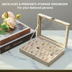 Jewelry Box Necklace Organizer Tray, Beige Necklace Display Case for Storage Jewelry Small Necklaces Display Stand 12 Slot Pendant Holder for Women