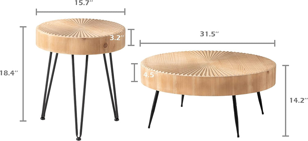 2-Piece Farmhouse Nesting Table Round | with Handcrafted Wood Radial Pattern,...