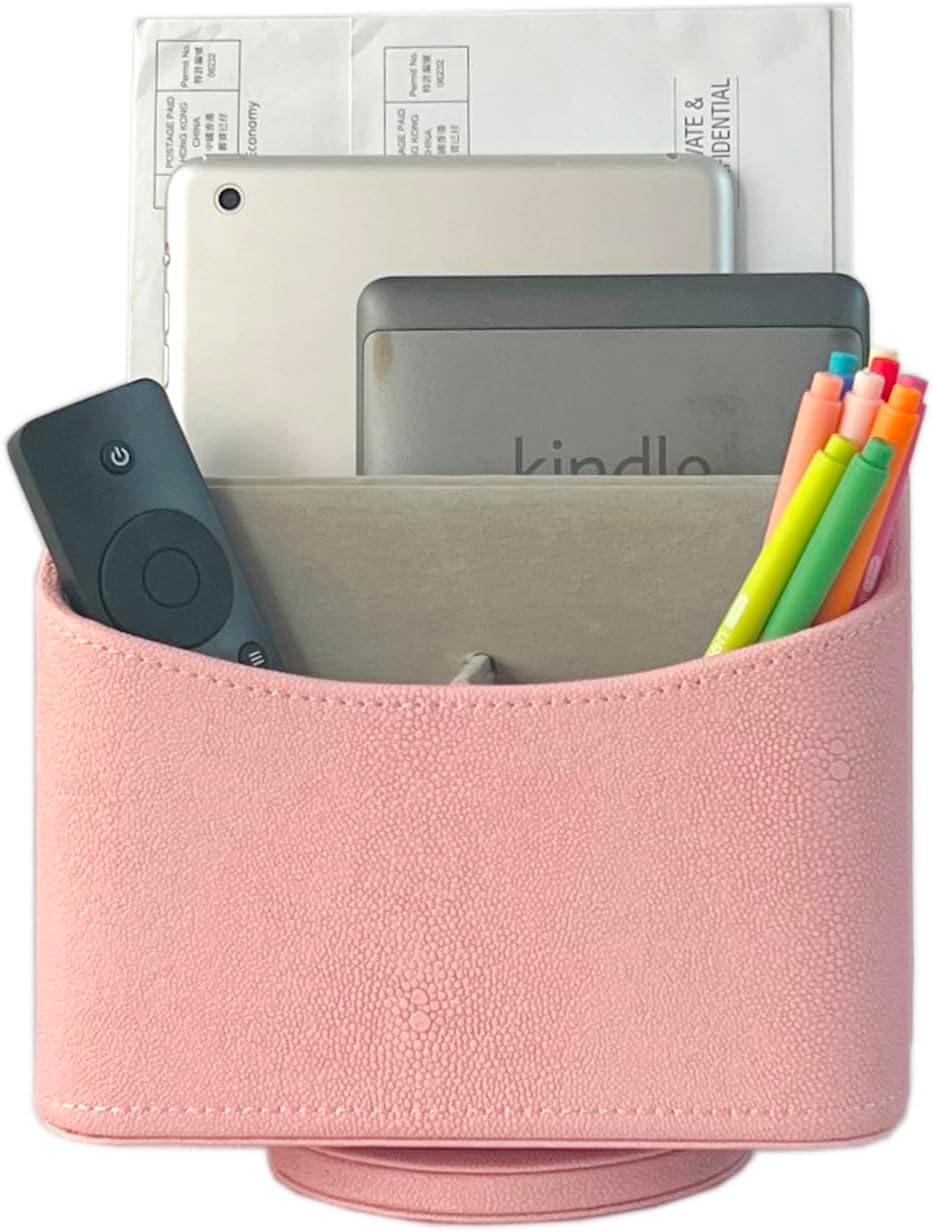 UnionBasic Rotating Desk Organizer, 360 Degree Desk Spinning Caddy, Desktop TV Guide/Mail/Media/Remote Controller Holder Organizer,Fishskin Pink