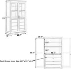 Merax Kitchen Pantry Cabinet with 2 Glass Doors & 4 Large Drawers, Pine Wood Frame & Higher Shelf‌ Height, Freestanding Storage Cabinet for Kitchen Dining Room Living Room, 44.7"x20"x75" (Blue)