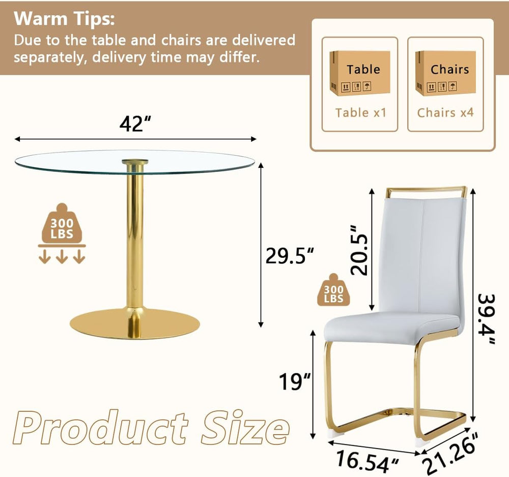 42'' Round Dining Table Set for 4, Glass Kitchen Table Chairs Set of ...