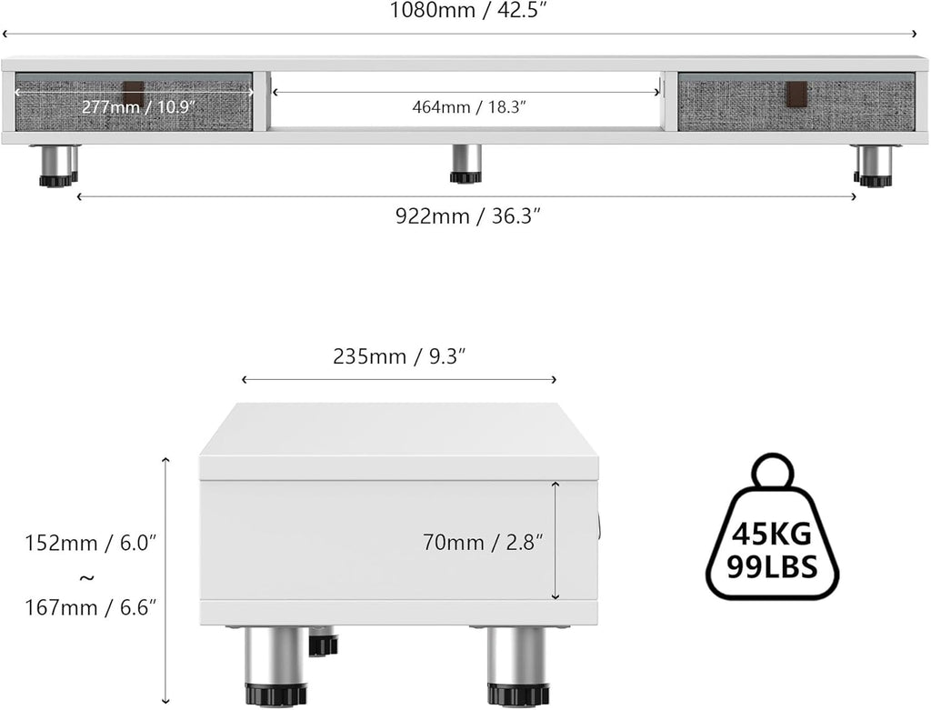 Fenge Dual Monitor Stand with 2 Drawers, 42.5 Inches Large Computer Riser for Desk, Adjustable Height Desk Shelf with Storage for Laptop, PC, TV, Printer