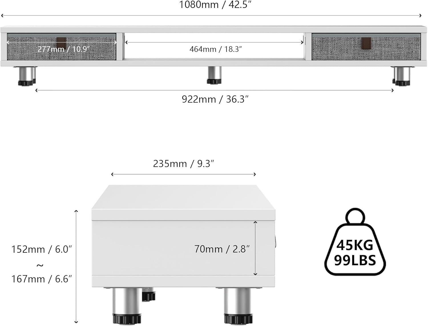 Fenge Dual Monitor Stand with 2 Drawers, 42.5 Inches Large Computer Riser for Desk, Adjustable Height Desk Shelf with Storage for Laptop, PC, TV, Printer