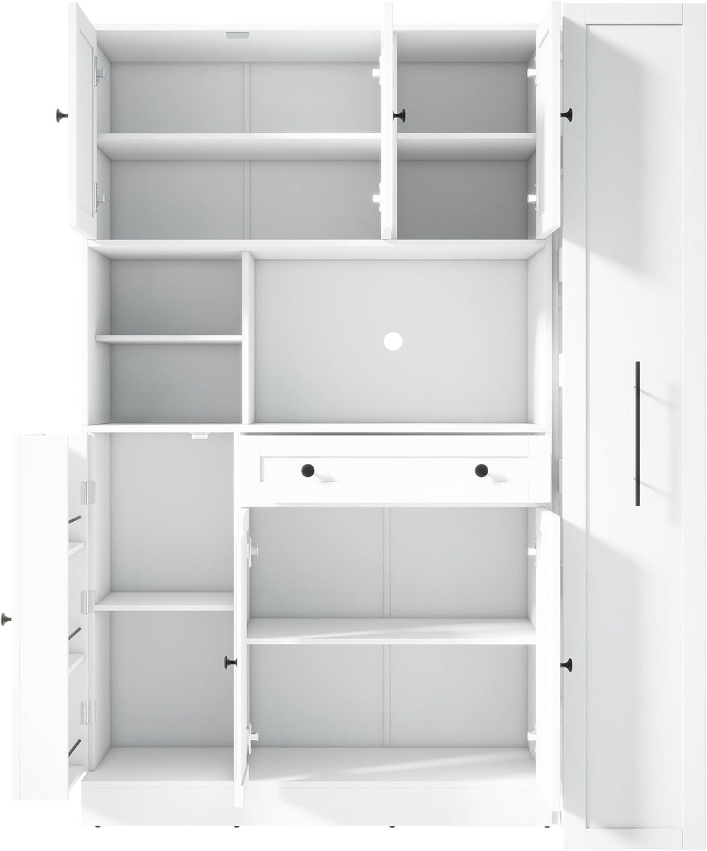 Farmhouse Freestanding Kitchen Pantry with Pull-Out Side Cabinet, Door Shelves and Drawer, Large Buffet Sideboard Cupboard for Dining Room (White)