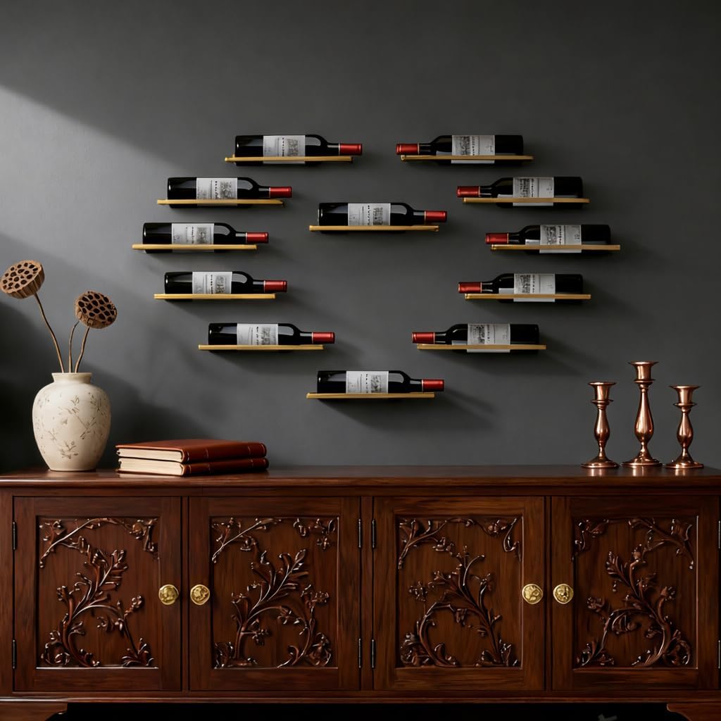 6-Shelf Metal Wall Mounted Wine Rack - Hanging Wine Bottle Holder Organizer for Kitchen, Bar, Home Storage - 6PCS Iron Wine Bottle Display Stand (6PCS-Gold)