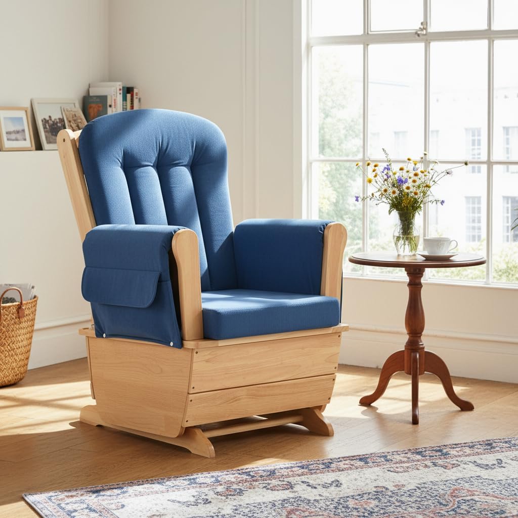 Rubberwood Glider Rocker & Ottoman Silent Nursery Chair for Feeding, Blue | Dual full mechanical bearings Solid rubberwood Oak stain Waterproof dual-fabric cushion High-density sponge Easy assembly